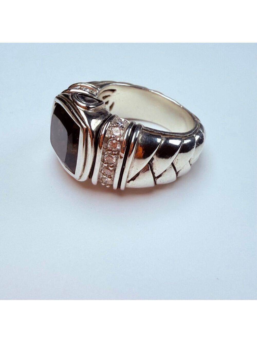 Scott Kay Cushion Smoky Quartz & Diamond Sterling Silver 925 Basket Weave Ring - Picture 5 of 12